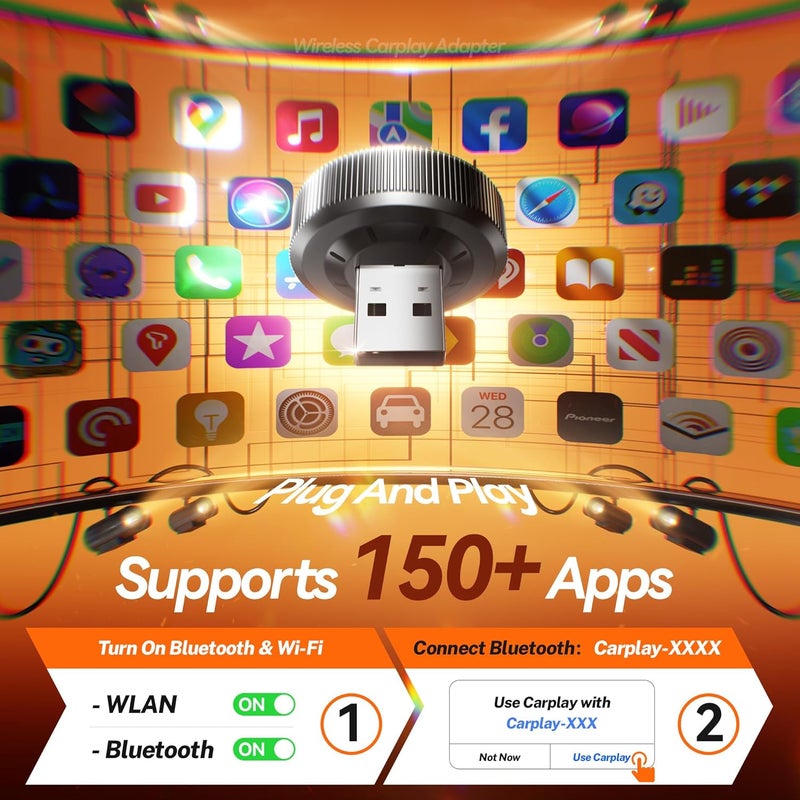 Cleviton محول Apple Carplay اللاسلكي، أصغر بنسبة 60%، اتصال سريع ومستقر 3X، بلوتوث 5.3 وواي فاي 6، دنجلي Carplay صغير يدعم الخرائط والموسيقى لهواتف iPhone 5~16، مناسب لـ 927+ سيارة، USB A/C، رمادي - Image 4
